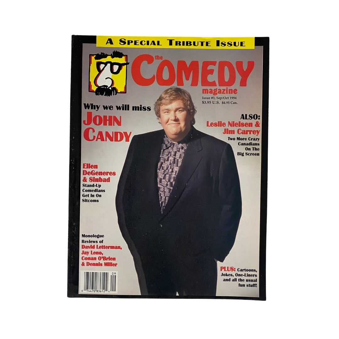 Cover of The Comedy Magazine September 1994 issue No. 3 celebrating John Candy, featuring his image and highlights about comedians including Ellen DeGeneres and Sinbad.