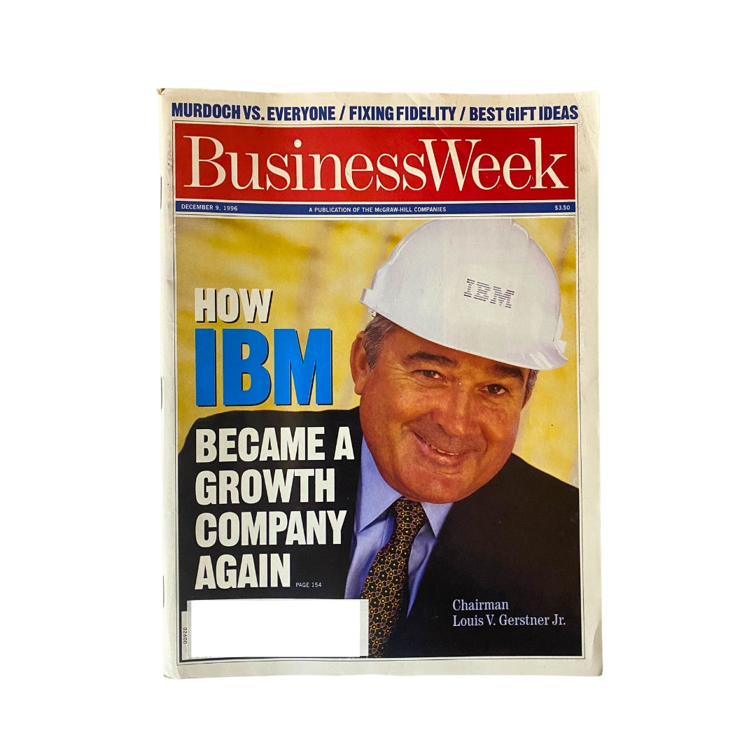 Cover of BusinessWeek Magazine from December 9, 1996 featuring Chairman Louis V. Gerstner Jr. with a white IBM hat, highlighting the story on how IBM became a growth company again.