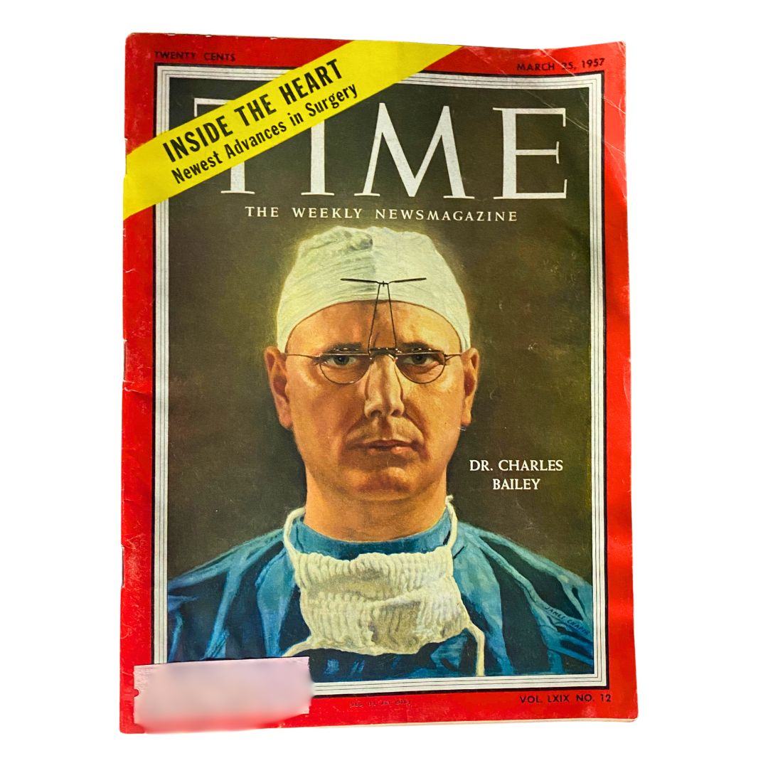 VTG Time Magazine March 25, 1957 Vol 69 No. 12 featuring Dr. Charles Bailey on the cover, highlighting advances in surgery.