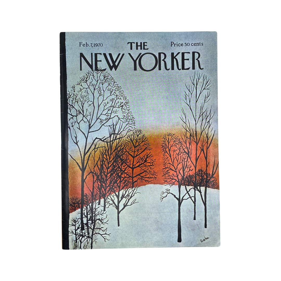 The New Yorker Complete Magazine February 7, 1970, featuring David Preston's captivating cover art depicting bare trees against a colorful background, in very good condition.