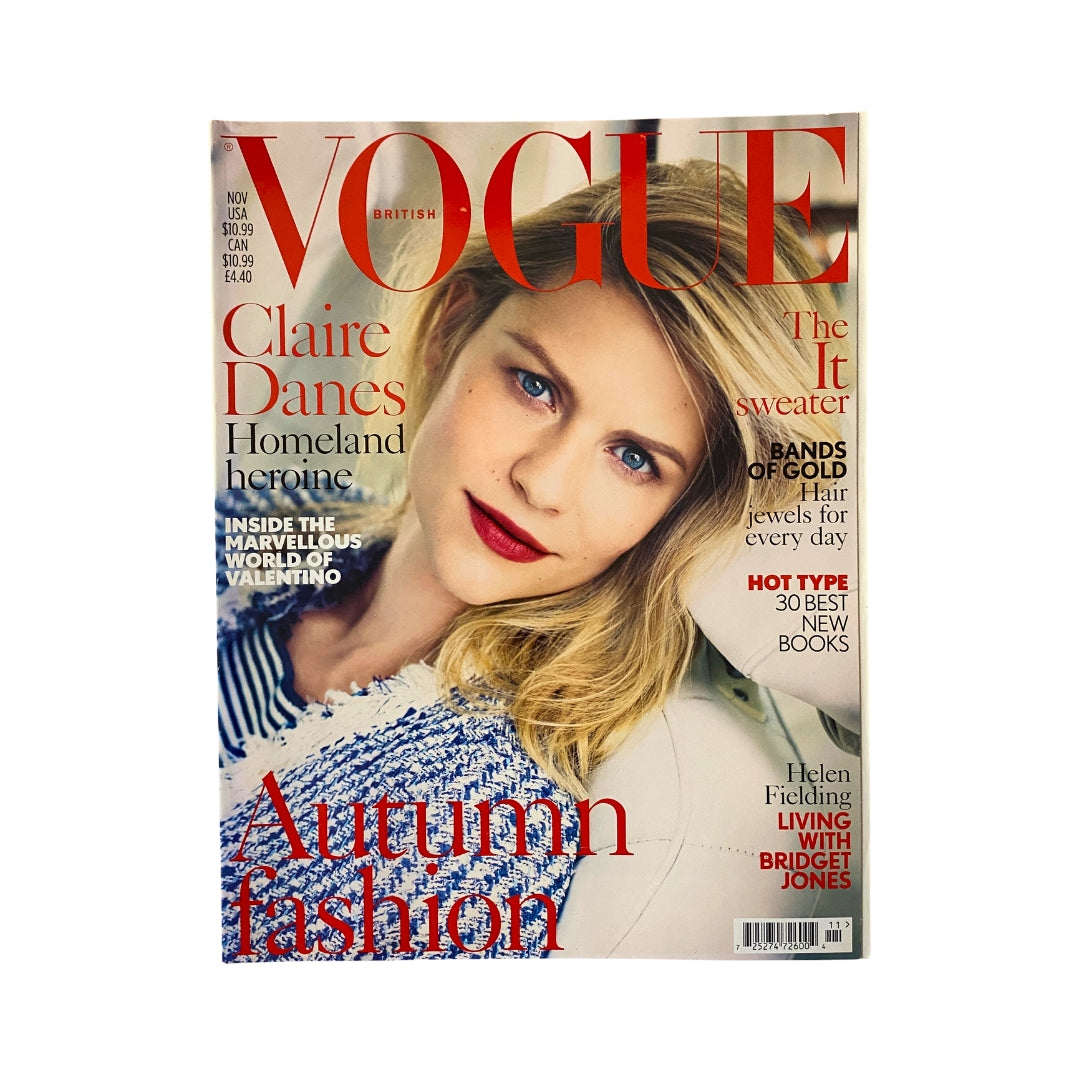 Cover of Vogue UK Magazine from November 2013 featuring Claire Danes, highlighting themes of autumn fashion, the it sweater, and hair trends, with a vibrant image showcasing her beauty and style.
