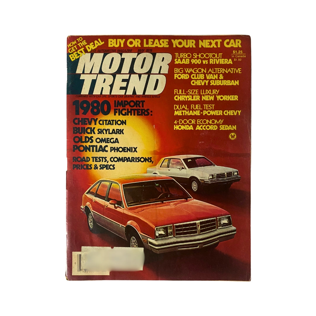 Cover of VTG Motor Trend Magazine from May 1979 titled 'The Cars That Jack Built', featuring a red Chevy Citation and a white vehicle, with highlights about 1980 import fighters and road tests.