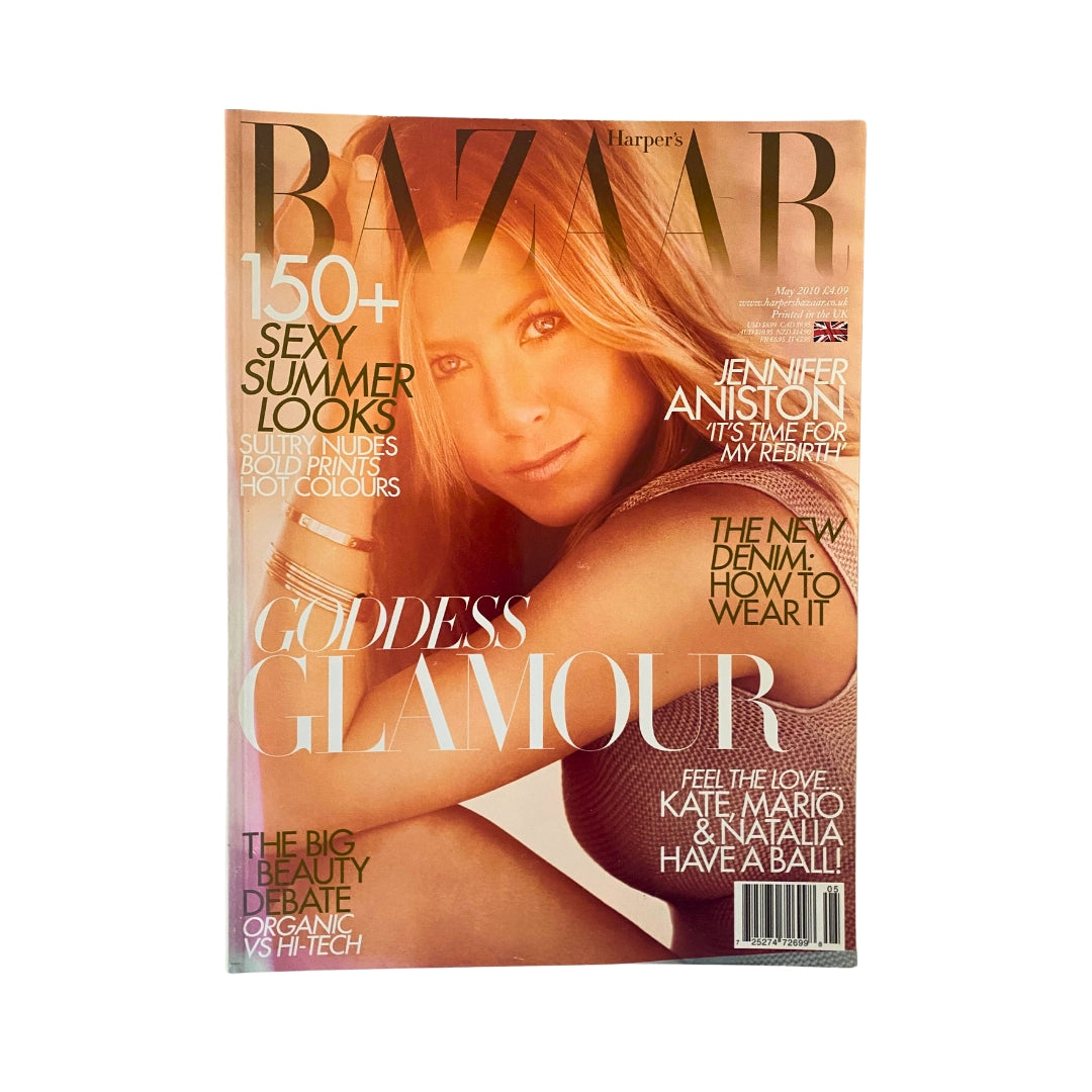 Cover of Harper's Bazaar UK Magazine May 2010 featuring Jennifer Aniston, showcasing summer fashion and beauty trends.