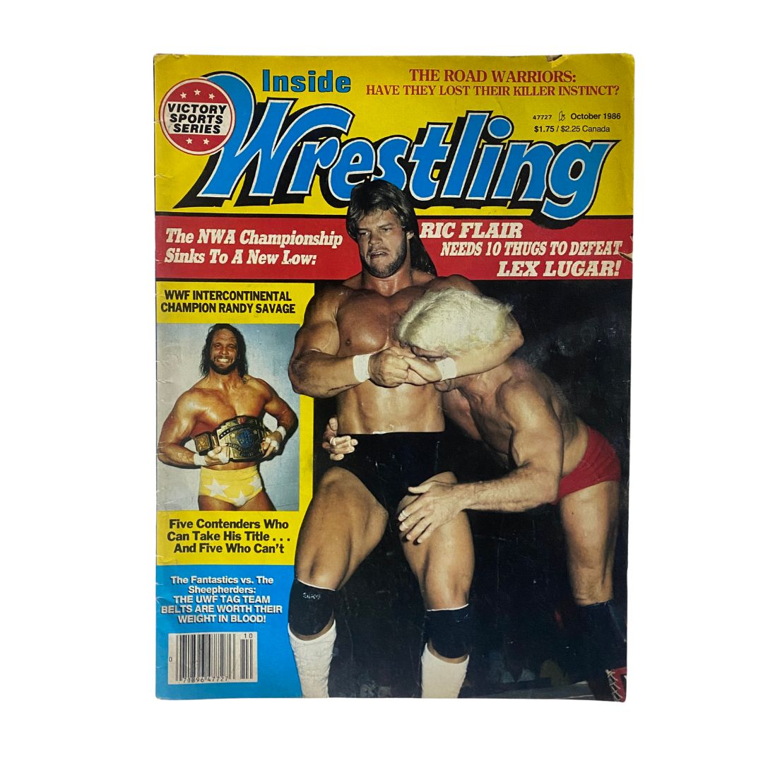 Cover of Inside Wrestling Magazine, October 1986 featuring wrestling icons Randy Savage and Ric Flair, showcasing highlights of wrestling history and rivalries.