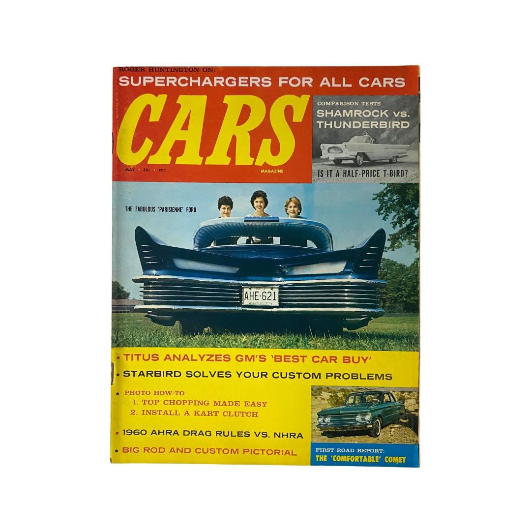 Cover of VTG Cars Magazine May 1960 featuring 'The Fabulous Parisienne' Ford, showcasing vibrant automotive imagery and headlines about classic cars.