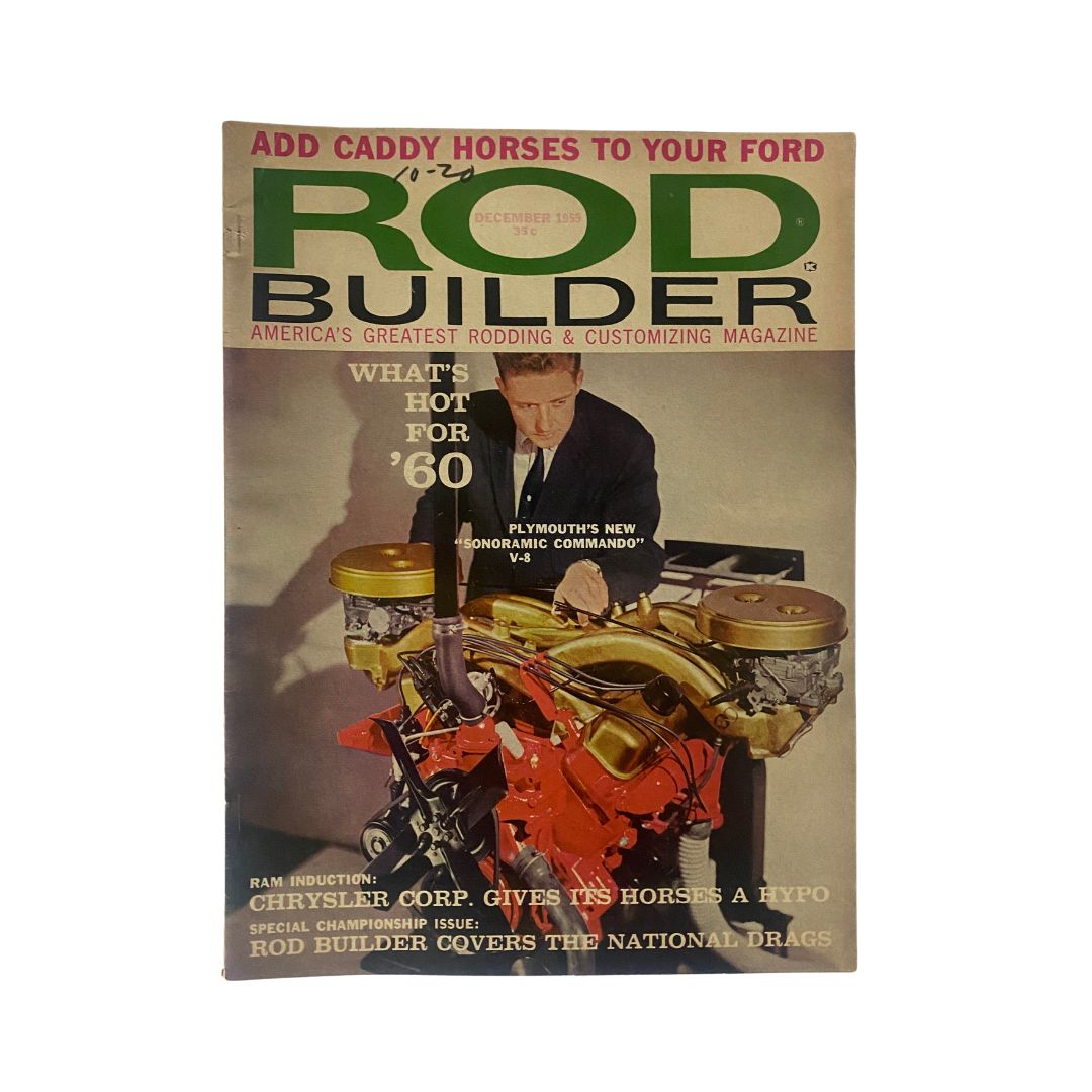 Cover of VTG Rod Builder Magazine December 1959 showcasing Sonoramic Commando V-8 with a man inspecting the engine. The magazine reflects automotive craftsmanship of its era.