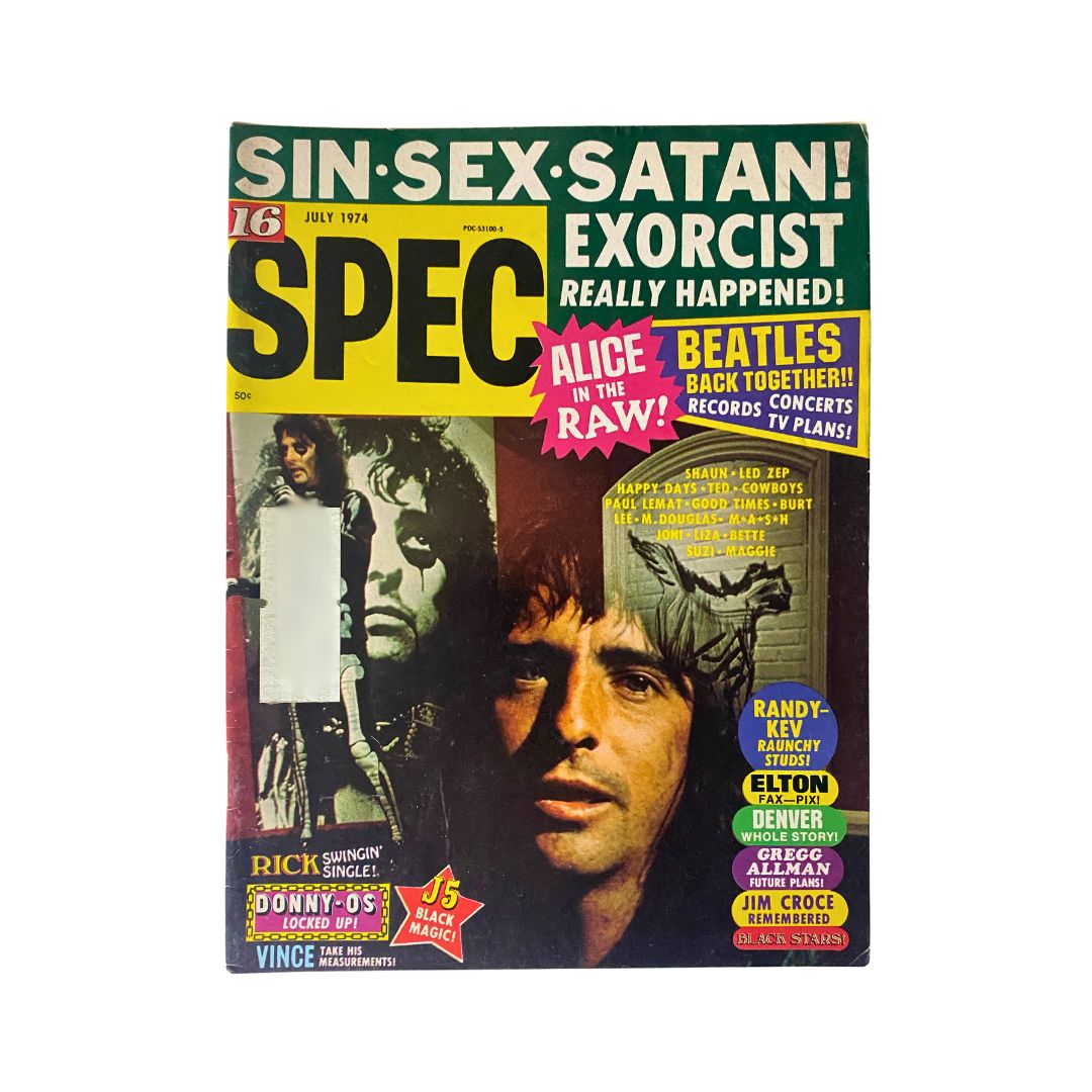 VTG 16 SPEC Magazine July 1974 cover featuring Alice Cooper and Linda Blair, highlighting classic rock and iconic cinema.