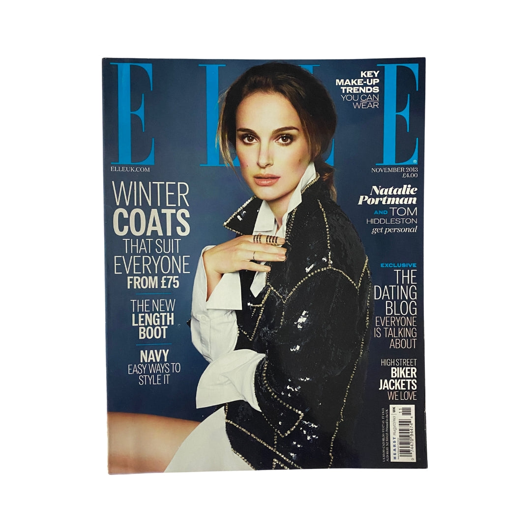 Elle UK Magazine November 2013 featuring Natalie Portman on the cover, highlighting winter coats, fashion trends, and a personal interview with Natalie Portman and Tom Hiddleston.
