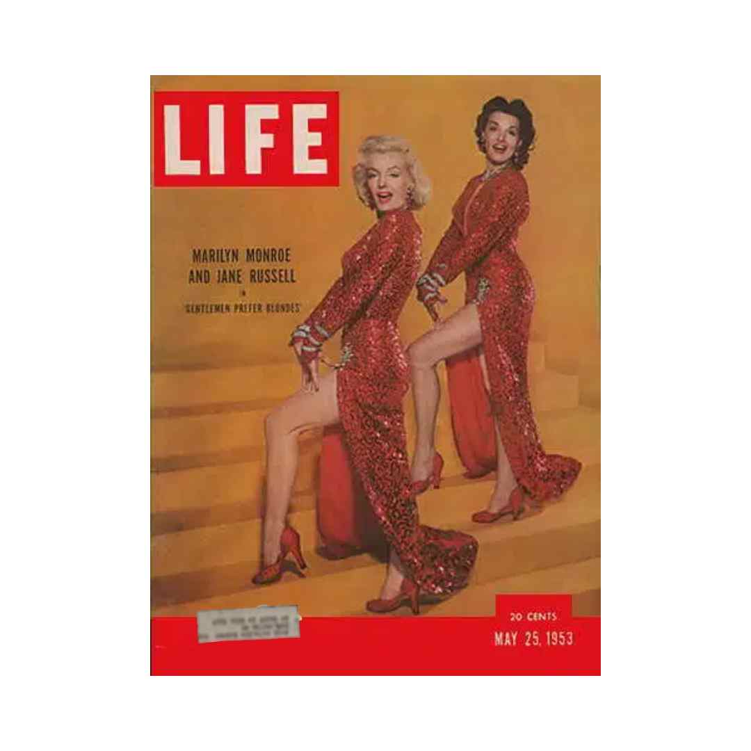VTG Life Magazine May 25, 1953 featuring iconic stars Marilyn Monroe and Jane Russell on the cover, showcasing them in glamorous red sequined dresses.