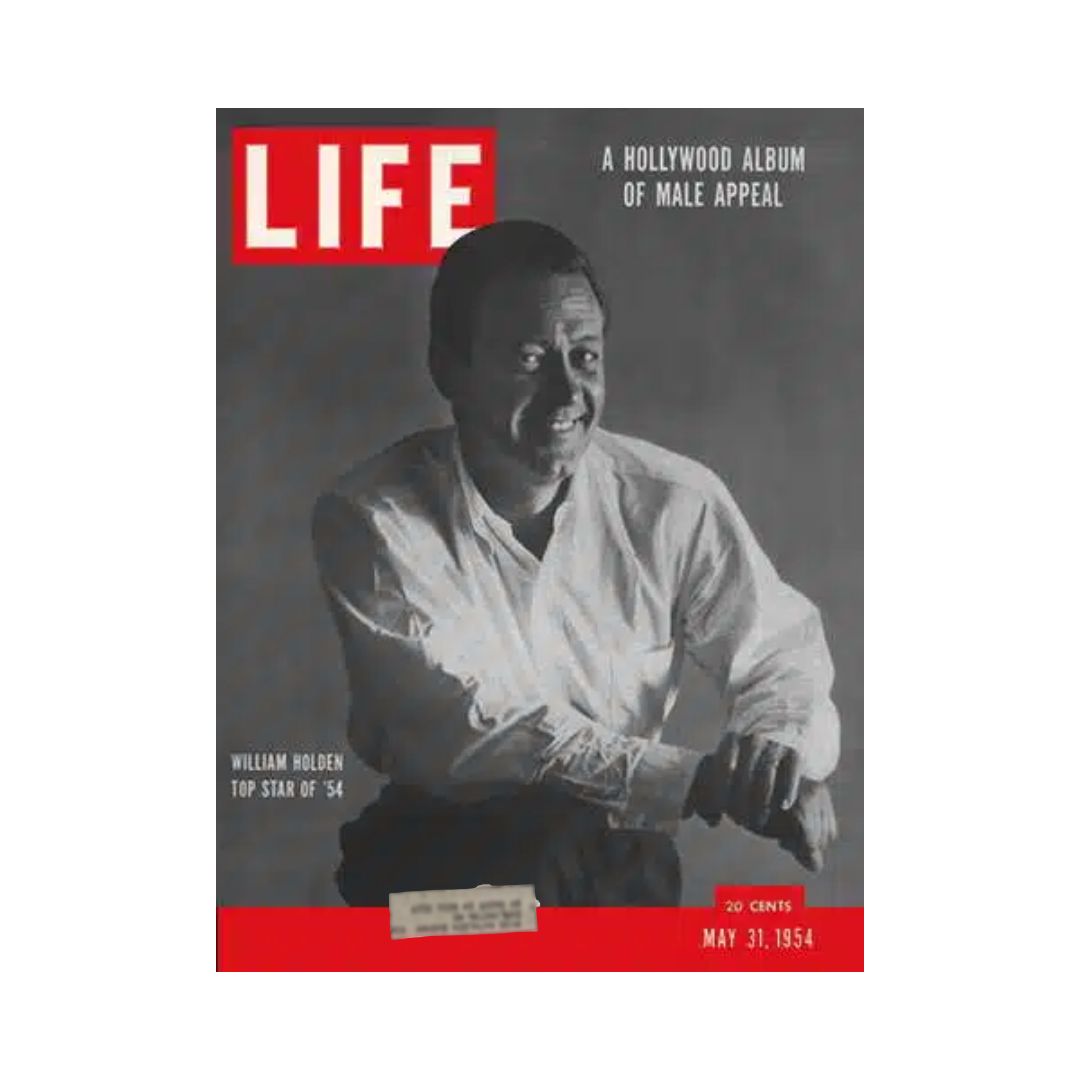 VTG Life Magazine May 31, 1954 featuring William Holden on the cover, showcasing the iconic actor with the tagline 'A Hollywood Album of Male Appeal'.