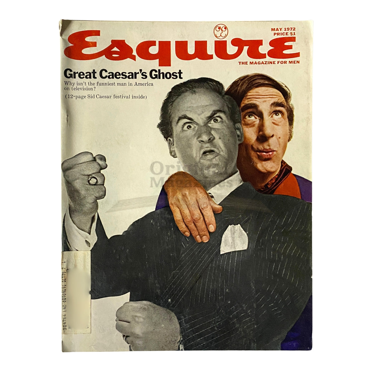 Cover of Esquire Magazine, May 1972 featuring a humorous illustration for the article 'Great Caesar's Ghost', depicting a comedic portrayal of two characters with exaggerated expressions, celebrating the Sid Caesar Festival.
