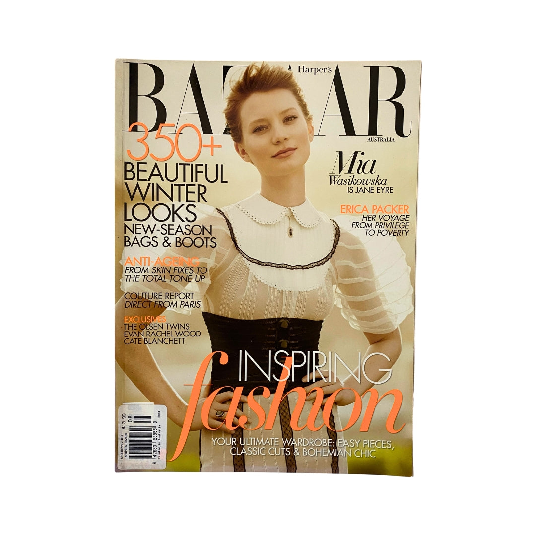 Cover of Harper's Bazaar Australia Magazine August 2011 featuring Mia Wasikowska, showcasing inspiring fashion trends with the tagline 'Inspiring Fashion'.
