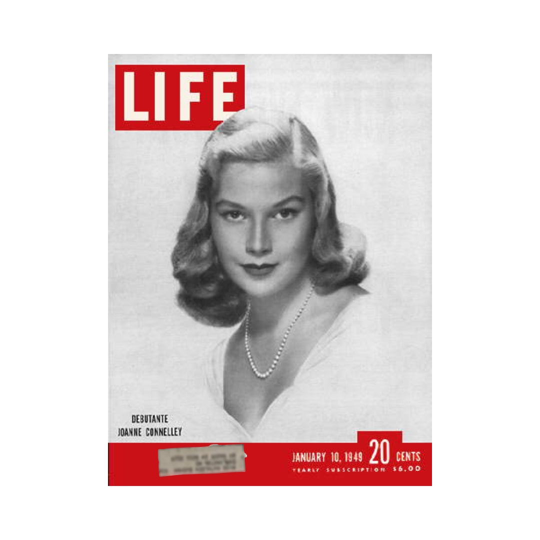Cover of VTG Life Magazine from January 10, 1949 featuring debutante Joanne Connelley, showcasing her elegant portrait in black and white, with a red 'LIFE' logo at the top and magazine details below.