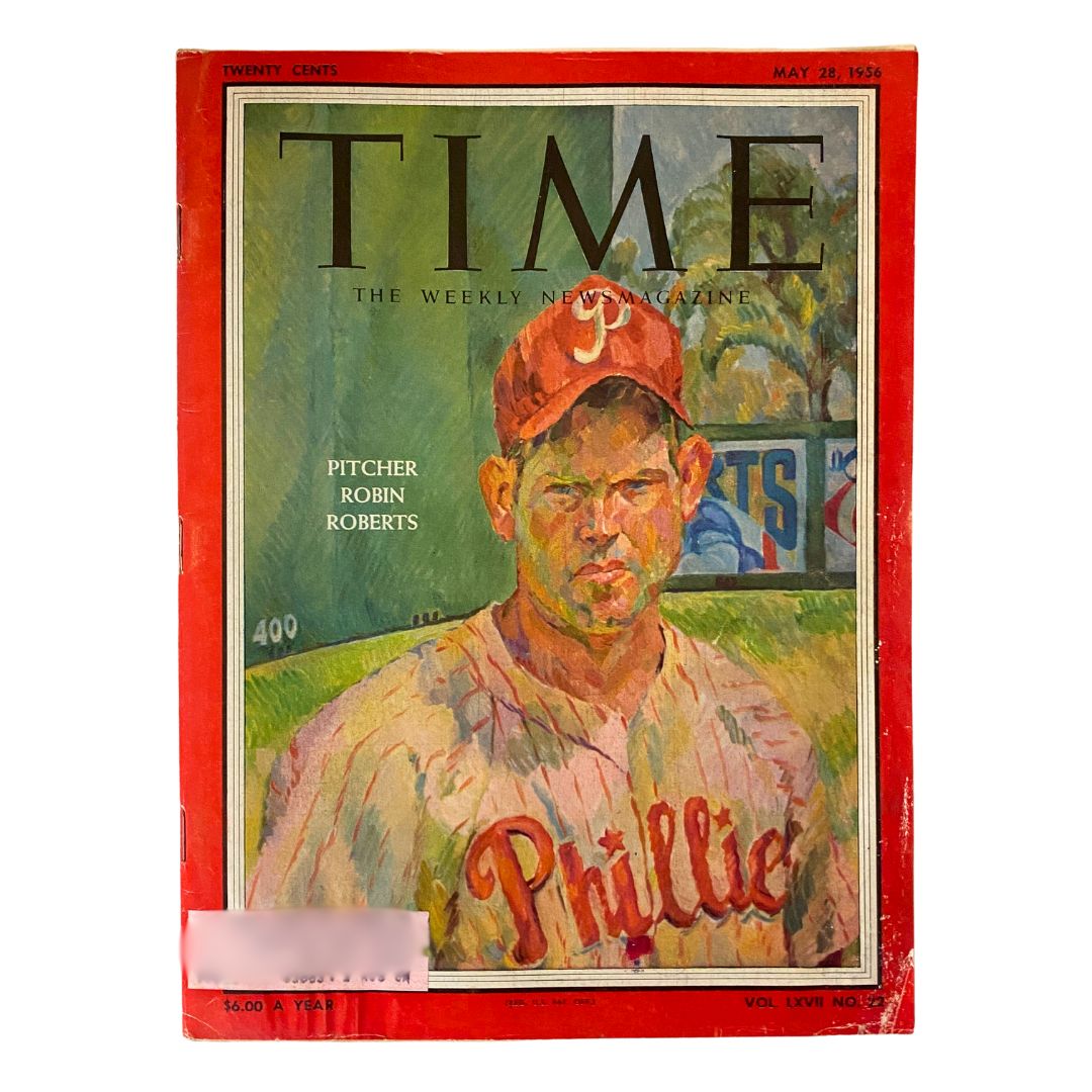 VTG Time Magazine May 28, 1956 showcasing a colorful cover featuring pitcher Robin Roberts of the Philadelphia Phillies, a significant piece of baseball history.