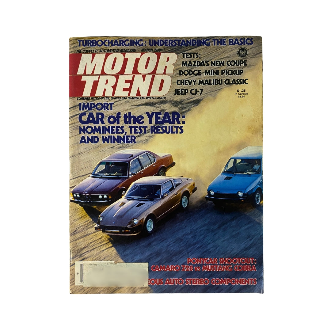 VTG Motor Trend Magazine March 1979 featuring the Mustang, showcasing cover highlights such as 'Car of the Year: Nominees, Test Results and Winner', along with classic car articles and tests.