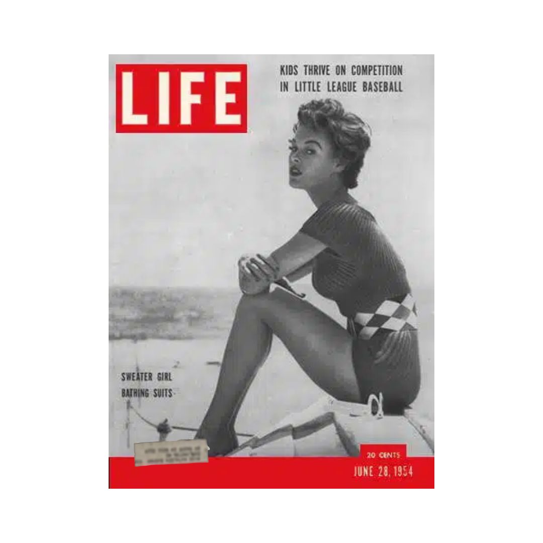 Cover of VTG Life Magazine June 28, 1954 featuring a model in a stylish sweater bathing suit, highlighting fashion trends of the 1950s.