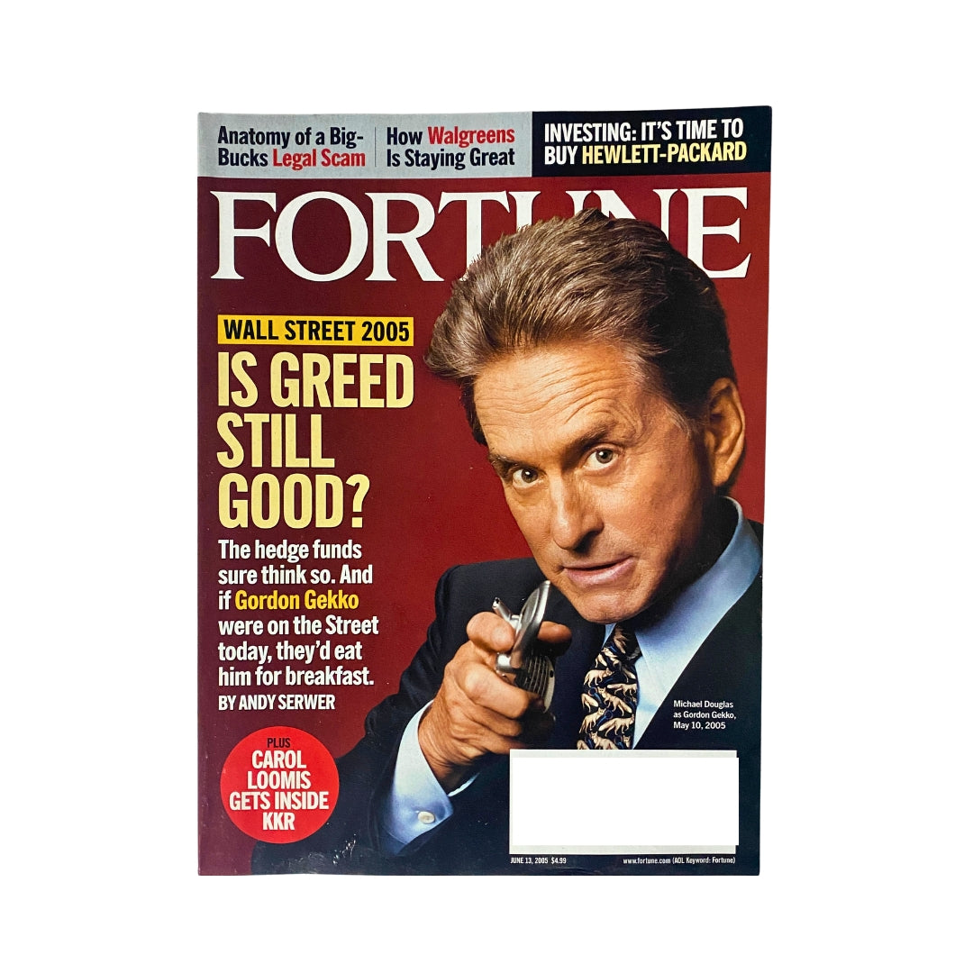 Fortune Magazine cover from June 13, 2005 featuring Michael Douglas portraying Gordon Gekko. The cover includes the title 'IS GREED STILL GOOD?' and highlights Wall Street themes.