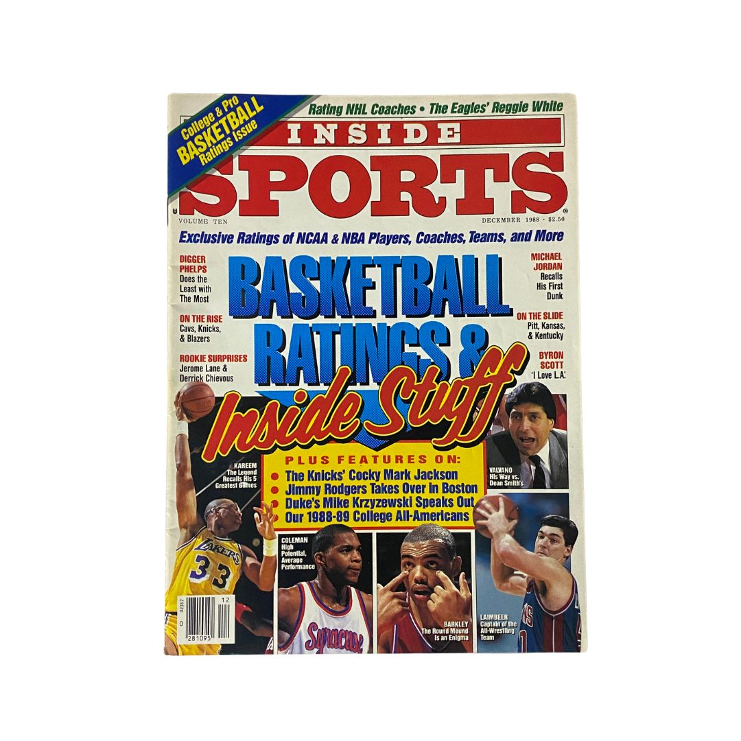 Inside Sports Magazine December 1988 featuring Kareem Abdul-Jabbar on the cover, showcasing basketball ratings and highlights from the NBA.