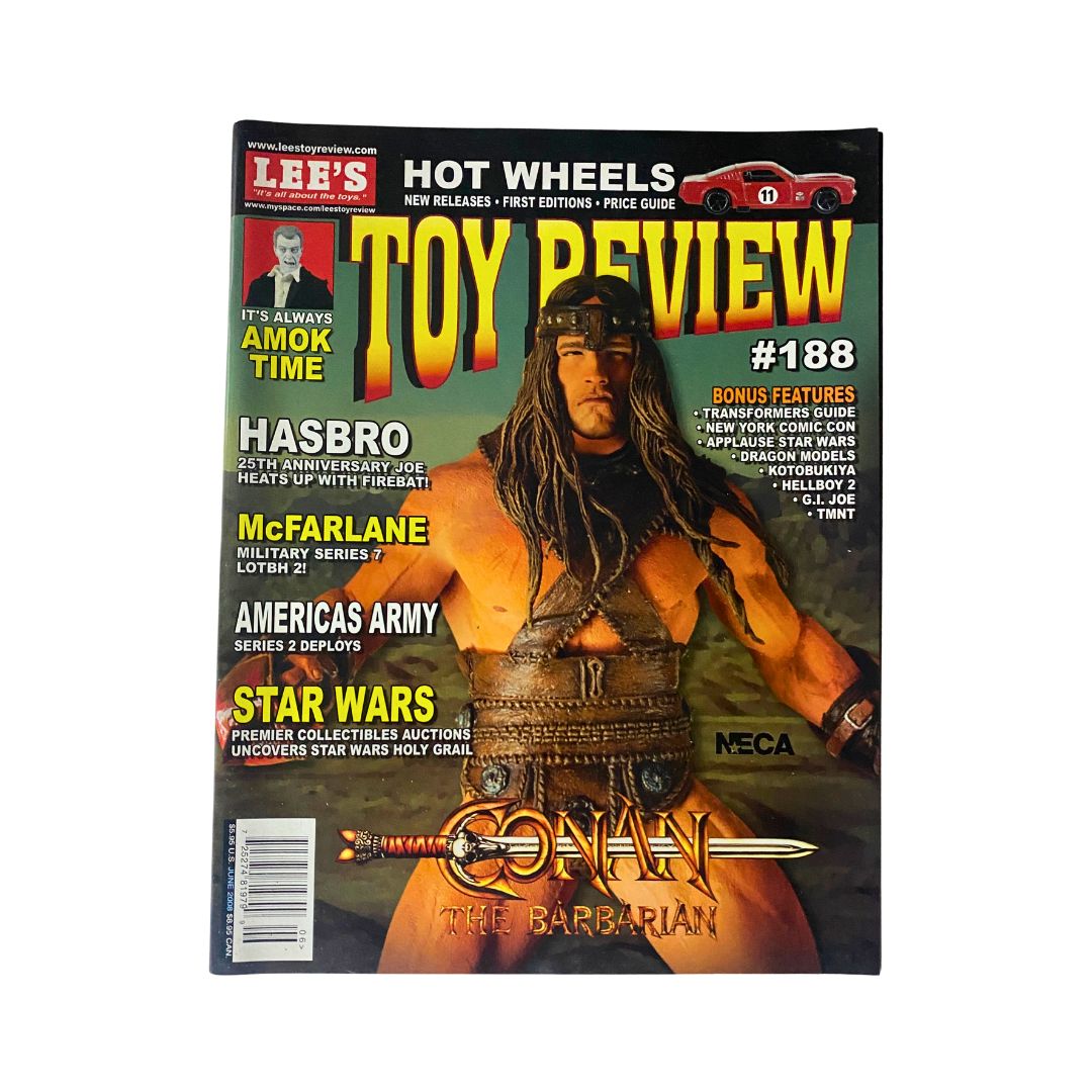 Lee's Toy Review Magazine June 2008, Issue #188, featuring Arnold Schwarzenegger as Conan the Barbarian on the cover, showcasing vintage toy trends and collectibles from 2008.