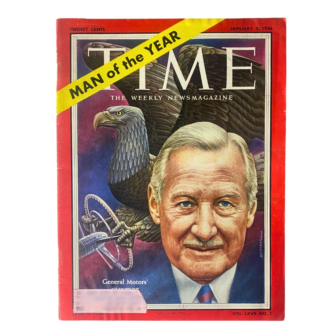 Vintage Time Magazine from January 2, 1956, featuring Harlow Curtice as 'Man of the Year', with a striking cover illustration including an eagle and automotive elements.