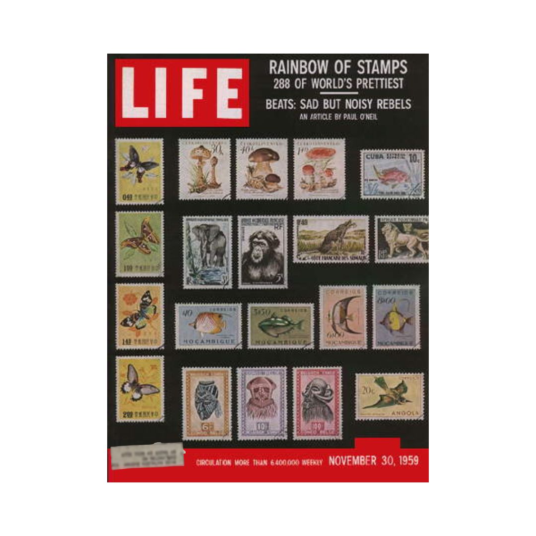Cover of Life Magazine from November 30, 1959, featuring the story 'Rainbow of Stamps' with various colorful postage stamps displayed, depicting flora and fauna, and highlighting the magazine's vintage aesthetic.