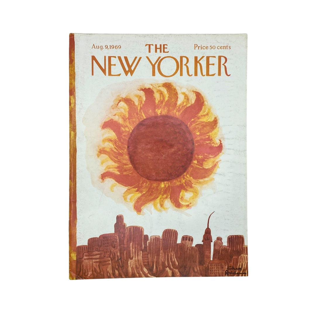 Cover of The New Yorker magazine dated August 9, 1969, featuring a vivid sun illustration with a city skyline below, and labeled with the title 'The New Yorker' and price of 50 cents.