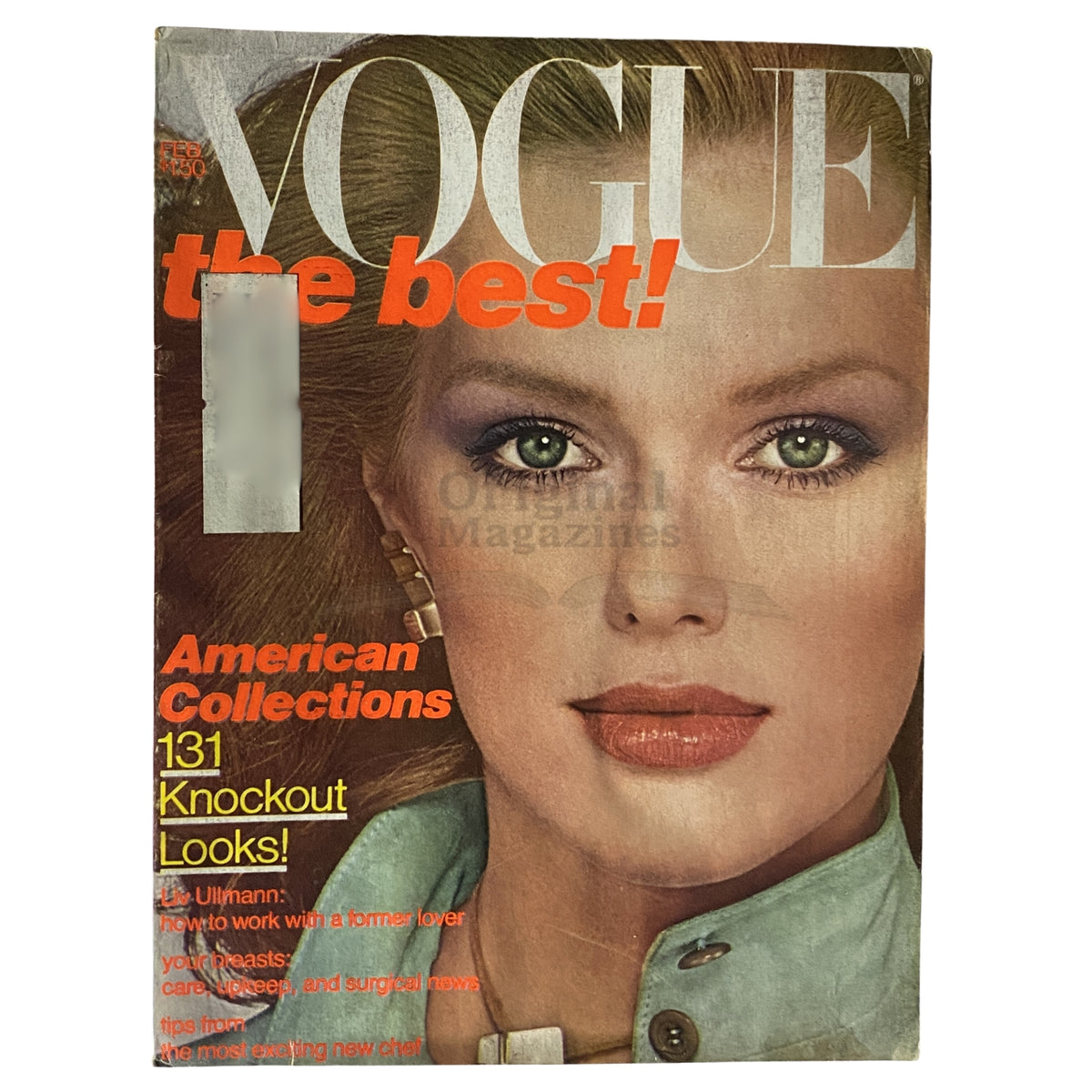 Cover of Vogue Magazine February 1977 featuring Patti Hansen, showcasing late 70s fashion with bold styles and trends.