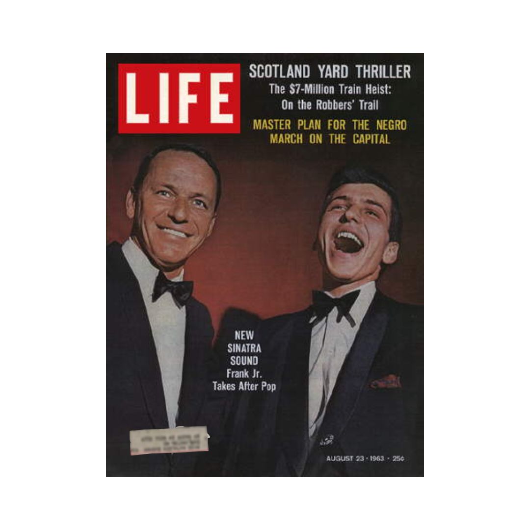 VTG Life Magazine August 23, 1963 featuring Frank Sinatra and son Frank Jr. on the cover, highlighting the new Sinatra sound and the Scotland Yard thriller.