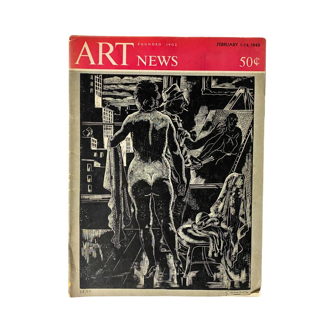 Vintage Art News Magazine cover from February 1, 1943, featuring Emil Ganso's self-portrait and model, showcasing mid-20th century artistry.
