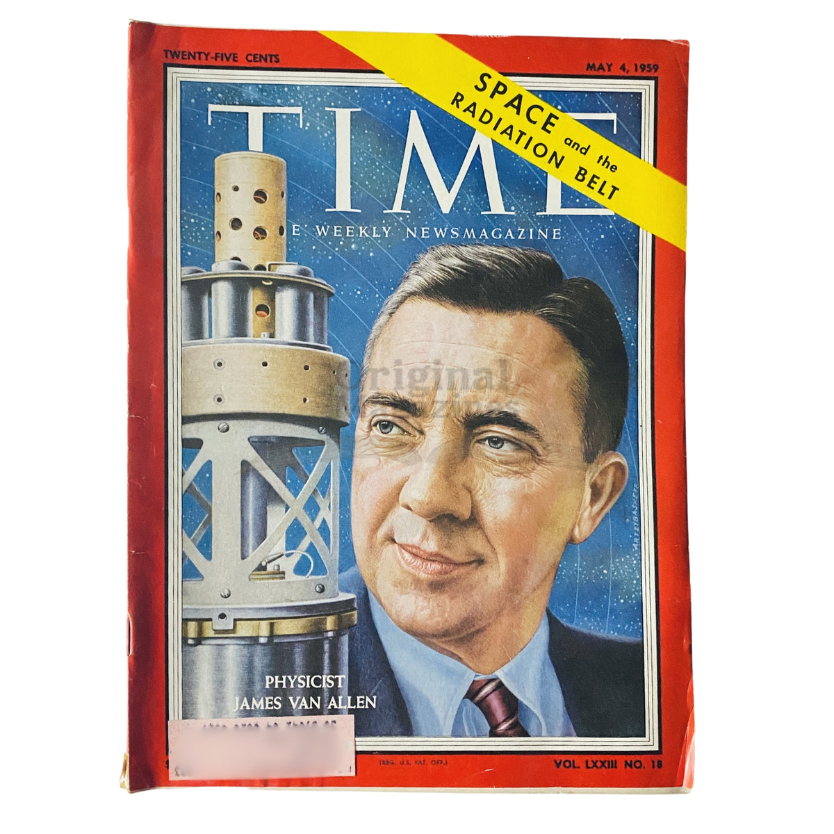 Time Magazine May 4 1959 featuring physicist James Van Allen on the cover with a background depicting space exploration and the radiation belt.