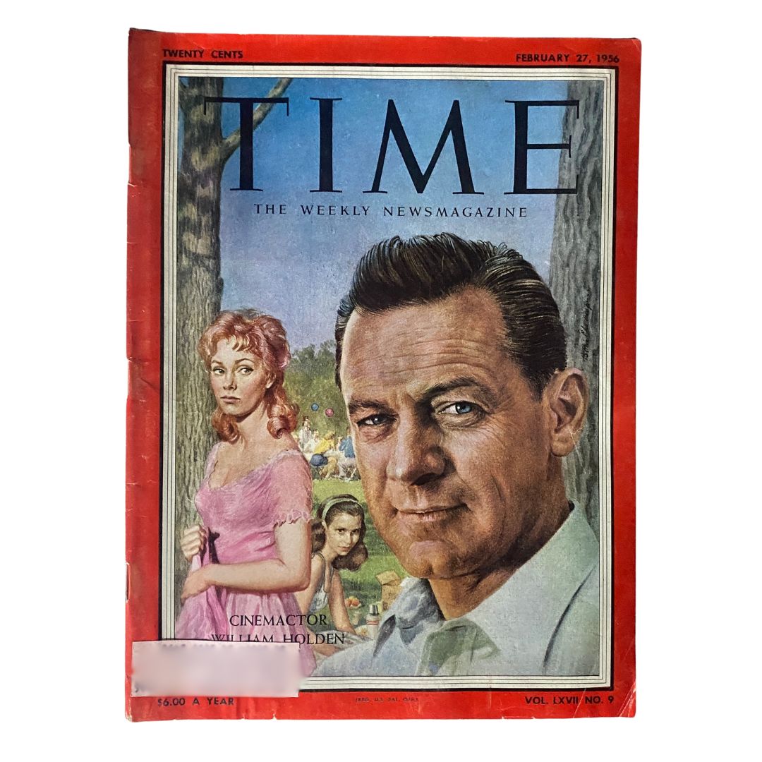 Vintage Time Magazine from February 27, 1956, featuring William Holden on the cover with an illustration of a pink dress and a scenic background.