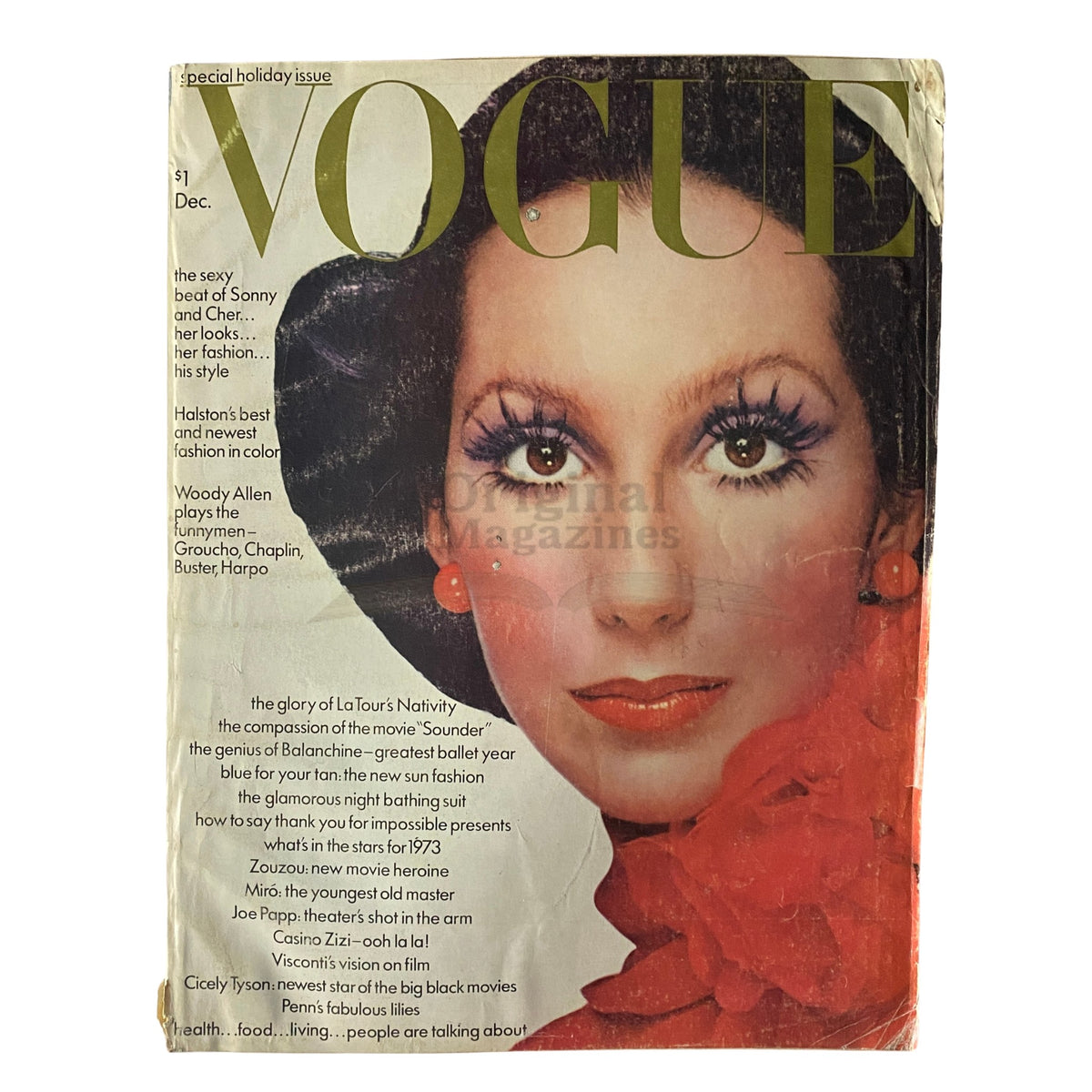 Vogue Magazine December 1972 Cher Cover showcasing the iconic Cher with dramatic makeup and fashion, representing 1970s style.