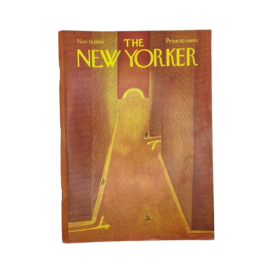 The New Yorker Complete Magazine November 16, 1968 Jean-Michel Folon Cover, featuring a vibrant illustration depicting a cityscape with warm hues.