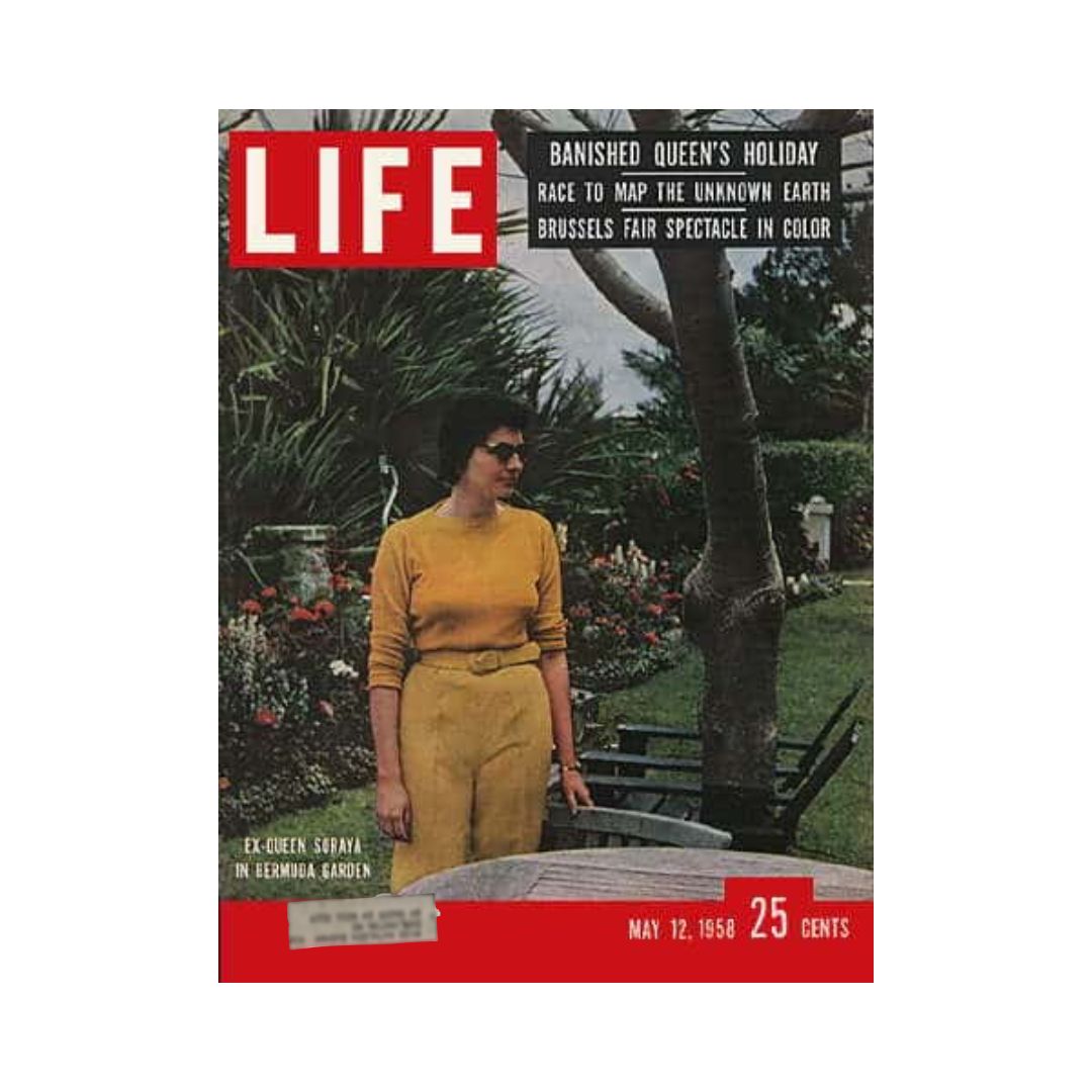 Cover of VTG Life Magazine from May 12, 1958, featuring Ex-Queen Soraya of Iran in a Bermuda garden, dressed in a yellow outfit, captured in a colorful outdoor setting.