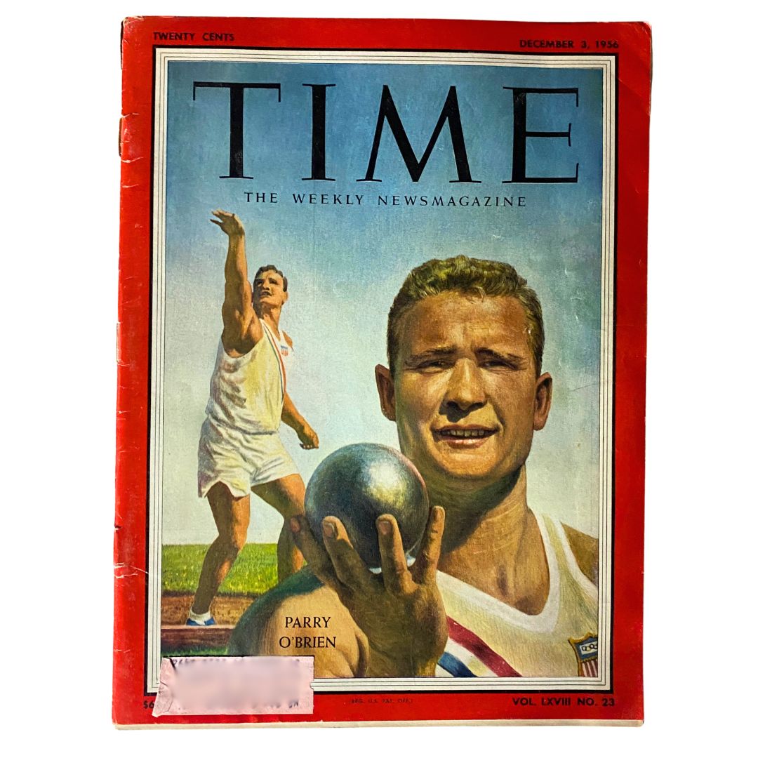 Vintage Time Magazine cover from December 3, 1956 featuring athlete Parry O'Brien, showcasing sports themes and historical visuals.