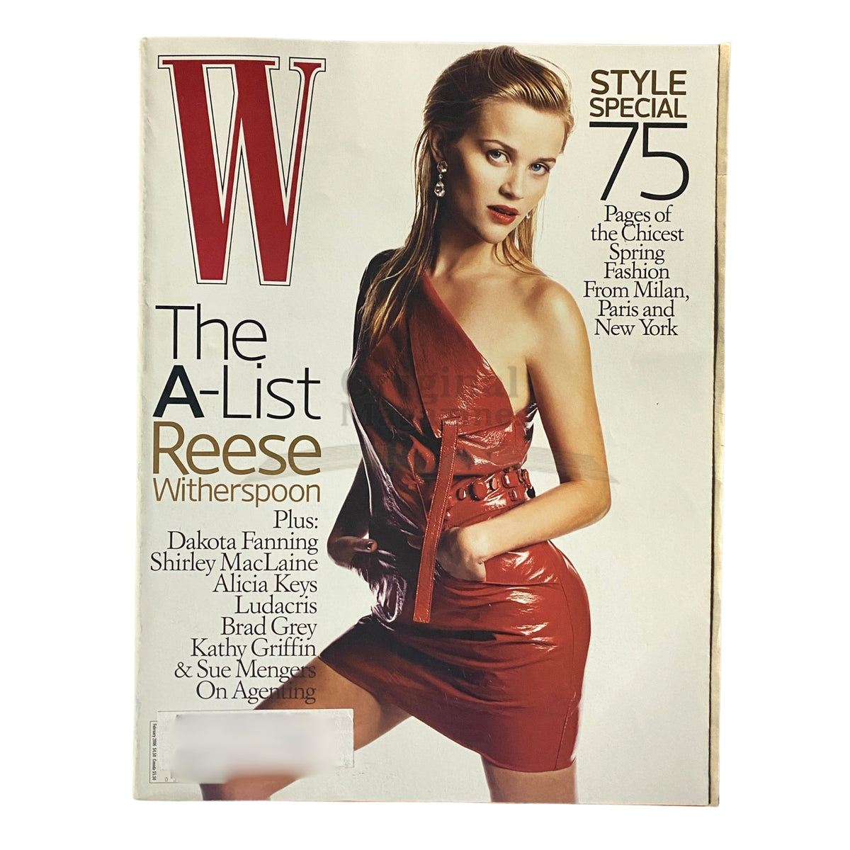 W Magazine February 2006 cover featuring Reese Witherspoon in a stylish red Louis Vuitton dress, highlighting mid-2000s fashion trends and beauty insights, perfect for collectors.