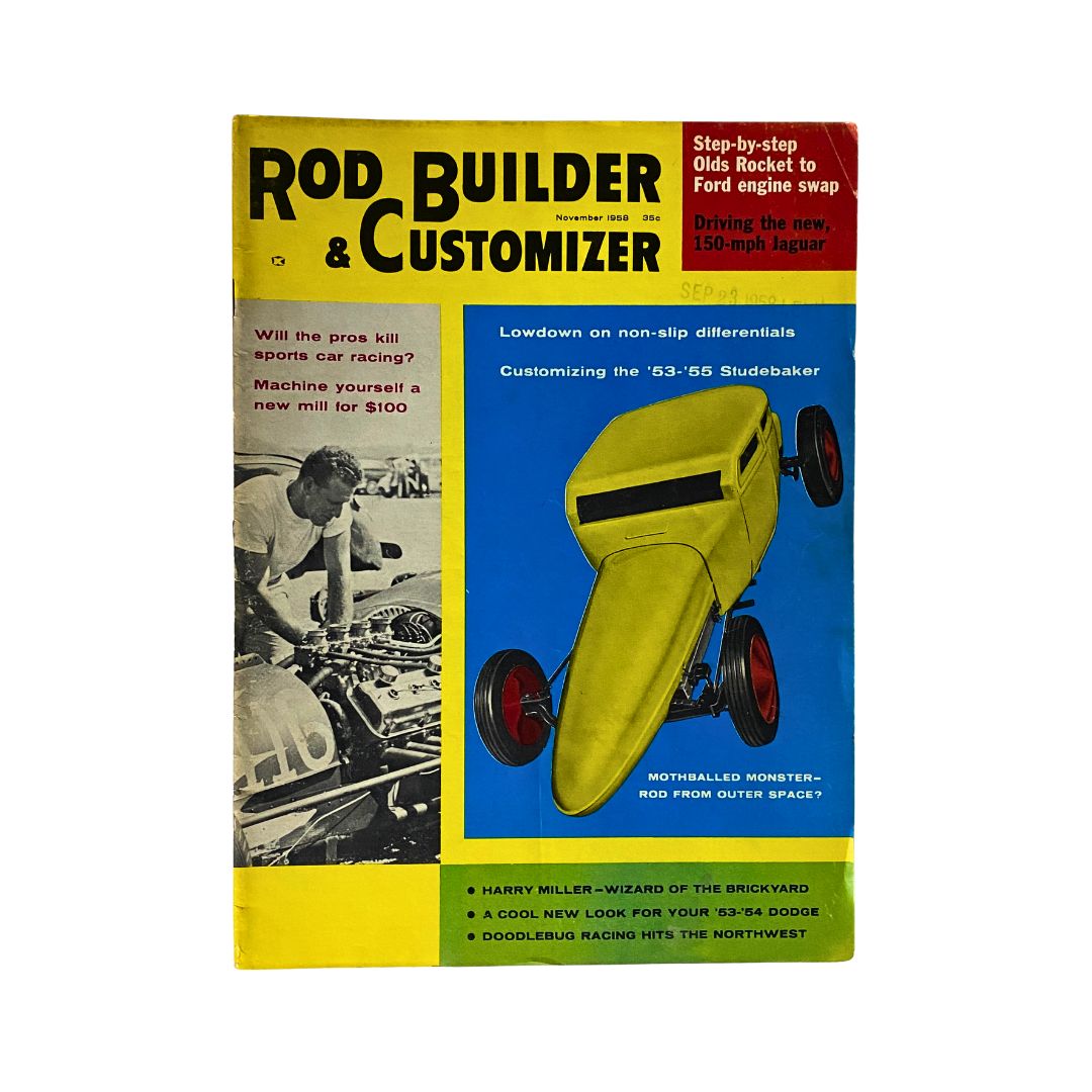 Cover of VTG Rod Builder & Customizer Magazine November 1958, featuring the Mothballed Monster, showcasing classic hot rod customization and articles on vehicle performance.