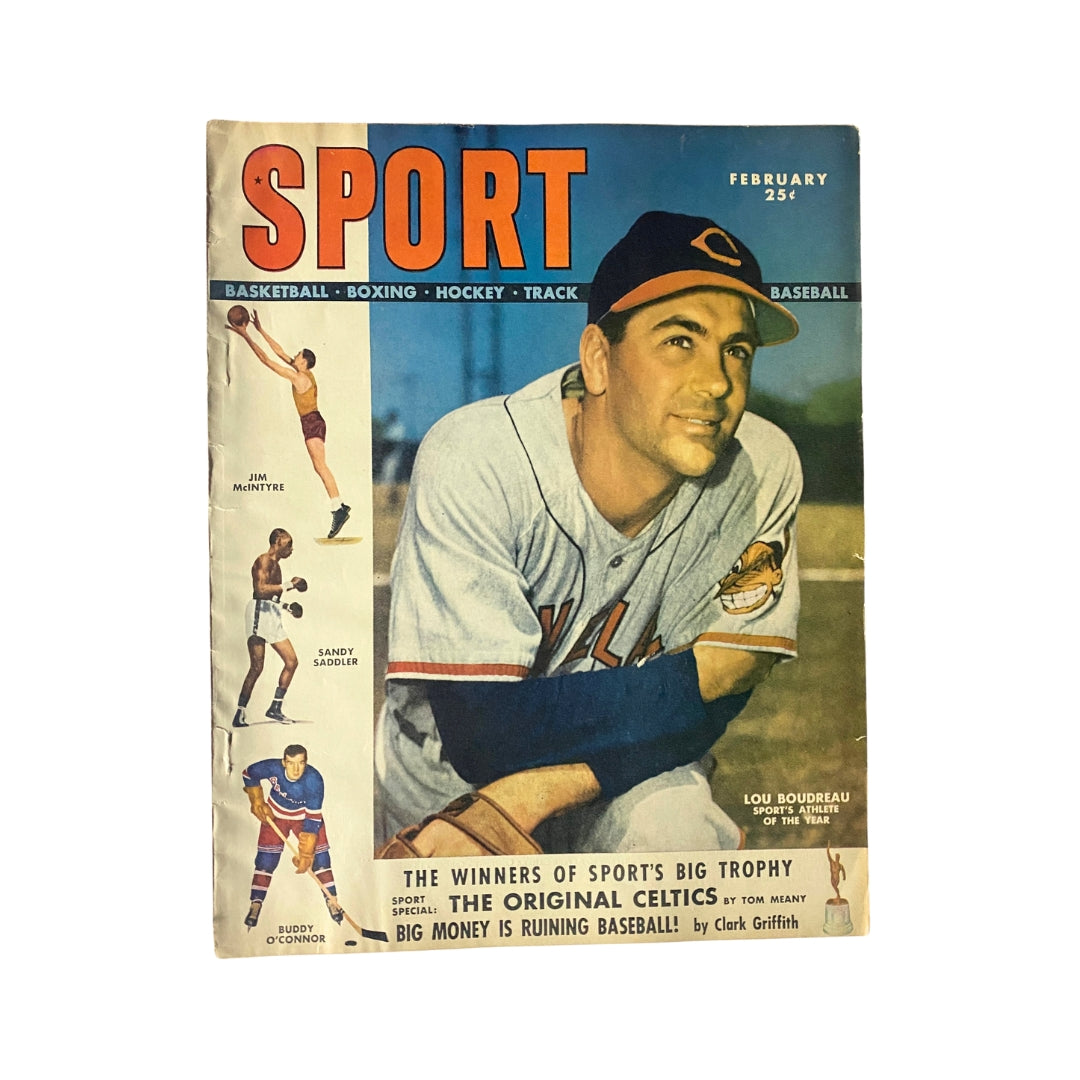 Sport Magazine February 1949 featuring Lou Boudreau and Jim McIntyre on the cover, showcasing highlights of sports events from the 1948 season.