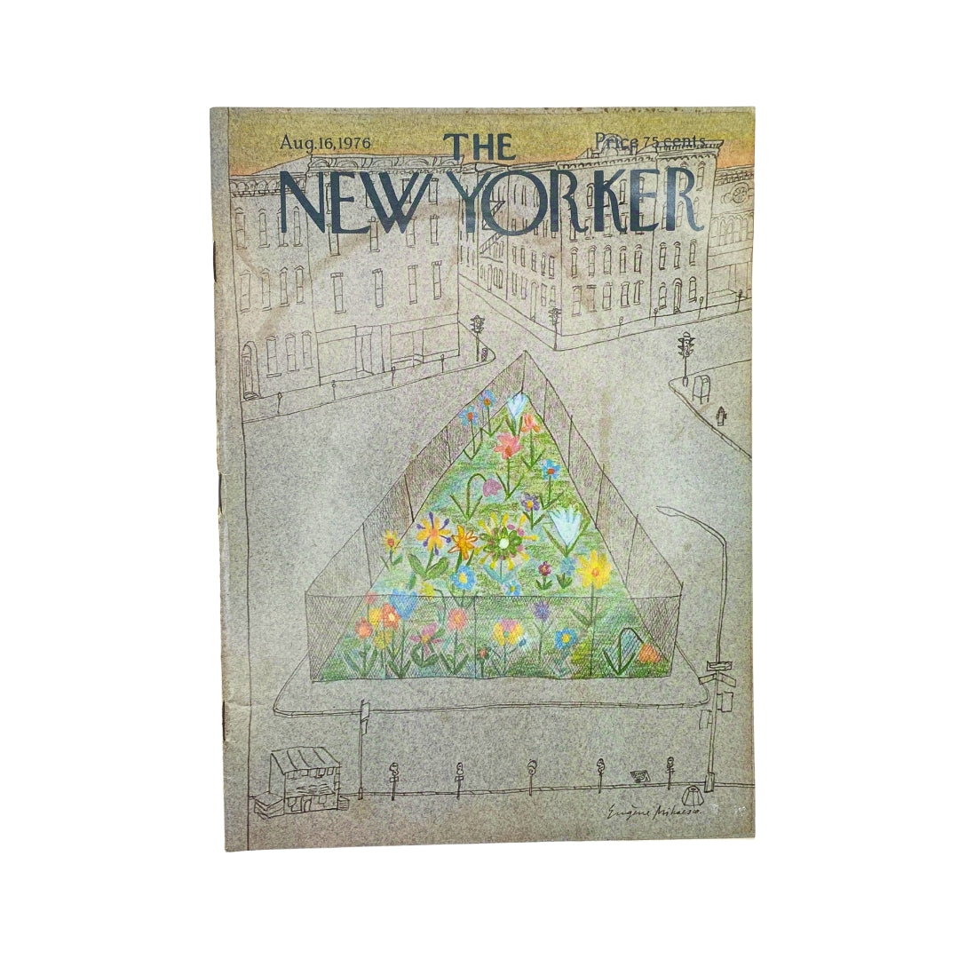 Cover of The New Yorker magazine dated August 16, 1976, featuring artwork by Eugene Mihaesco with vibrant floral designs and a cityscape backdrop, reflecting mid-1970s aesthetics.