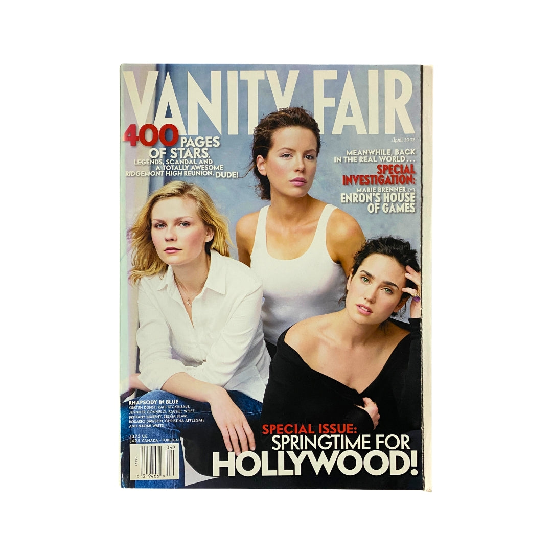 Cover of Vanity Fair Magazine April 2002 featuring Kirsten Dunst, Kate Beckinsale, and Jennifer Connelly with the text '400 Pages of Stars' highlighting a special issue on Hollywood.