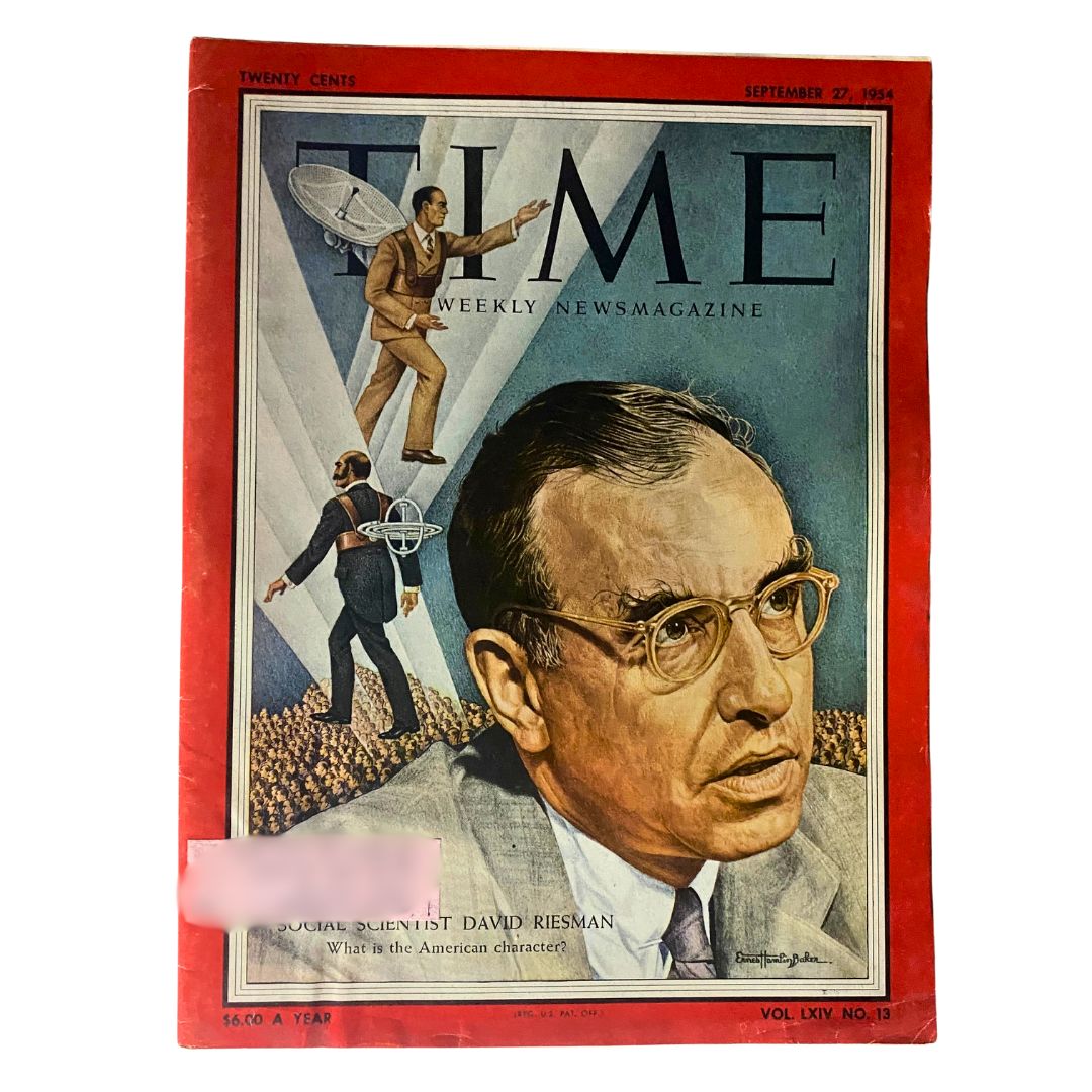 Vintage Time Magazine cover from September 27, 1954, Volume 64, Number 13 featuring renowned scientist David Riesman, with an illustration highlighting his contributions to social science.