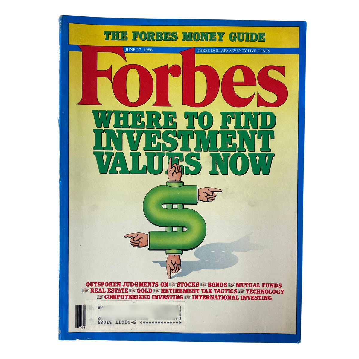 Cover of Forbes Magazine from June 27, 1988, titled 'Where To Find Investment Values Now'. Features bold text and illustrations related to investment strategies including stocks, bonds, and real estate.