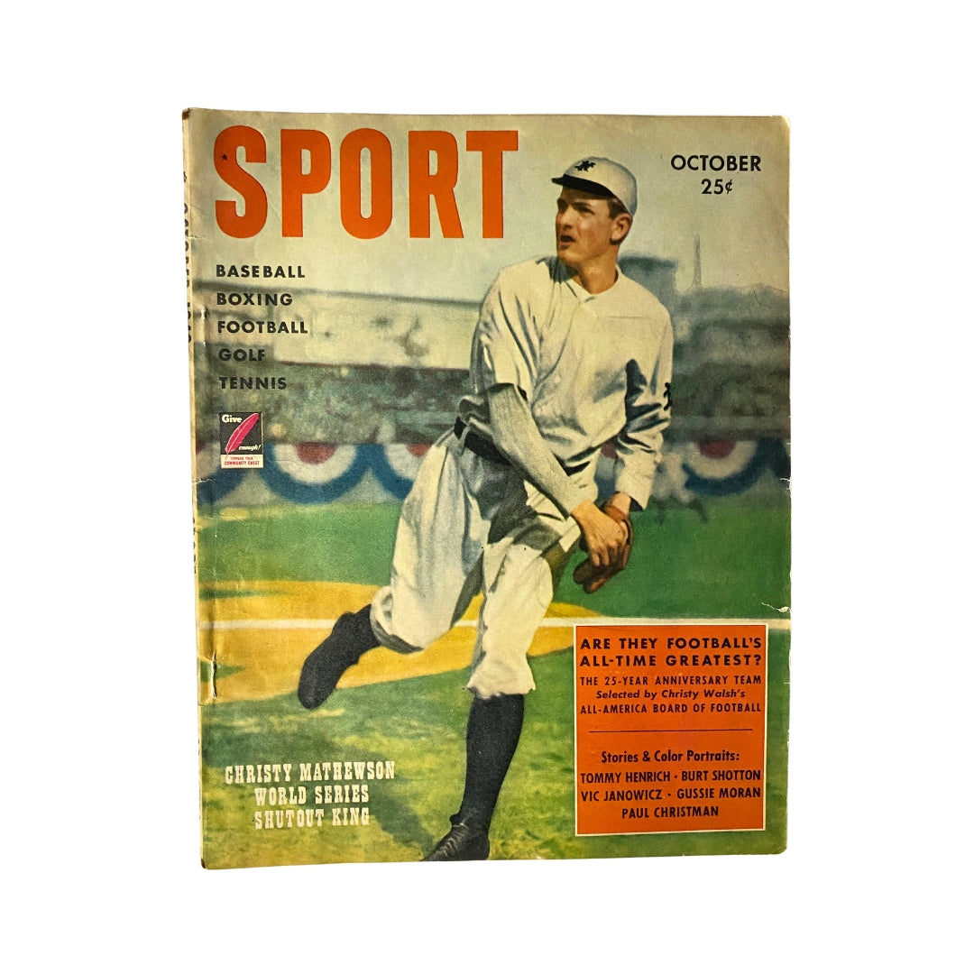 Cover of Sport Magazine October 1949 featuring Christy Mathewson, showcasing baseball, boxing, football, golf, and tennis.