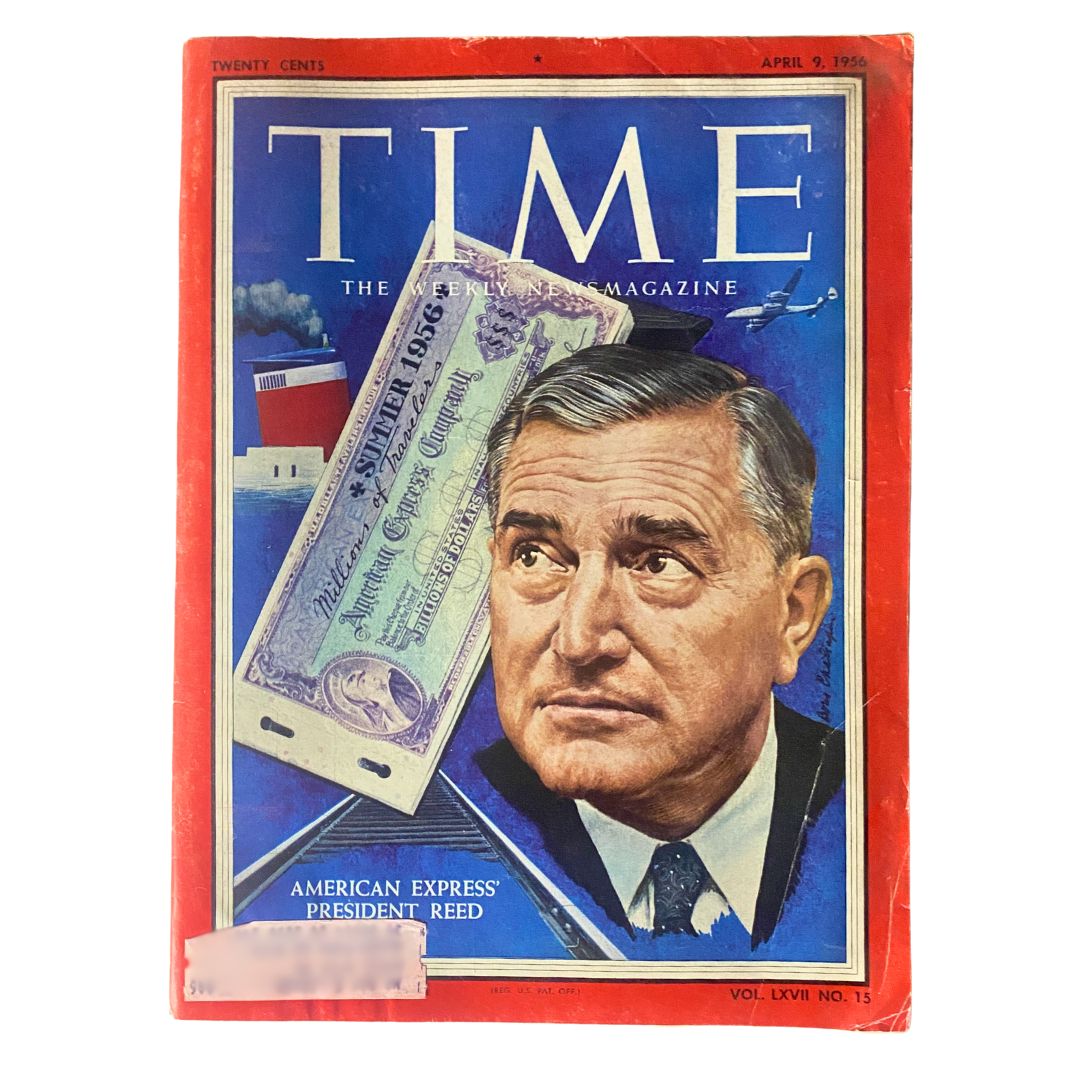 VTG Time Magazine April 9, 1956 Cover featuring American Express President Ralph Reed with a vintage banknote and a maritime background, showcasing the era's design.