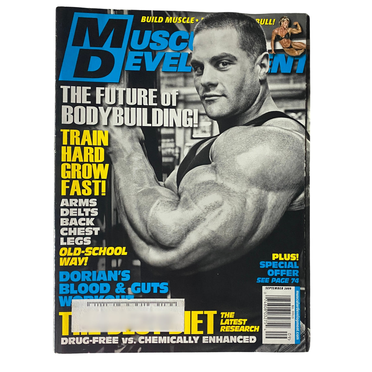 Cover of Muscular Development Magazine September 2009 featuring Evan Centopani, highlighting bodybuilding training and nutrition trends.