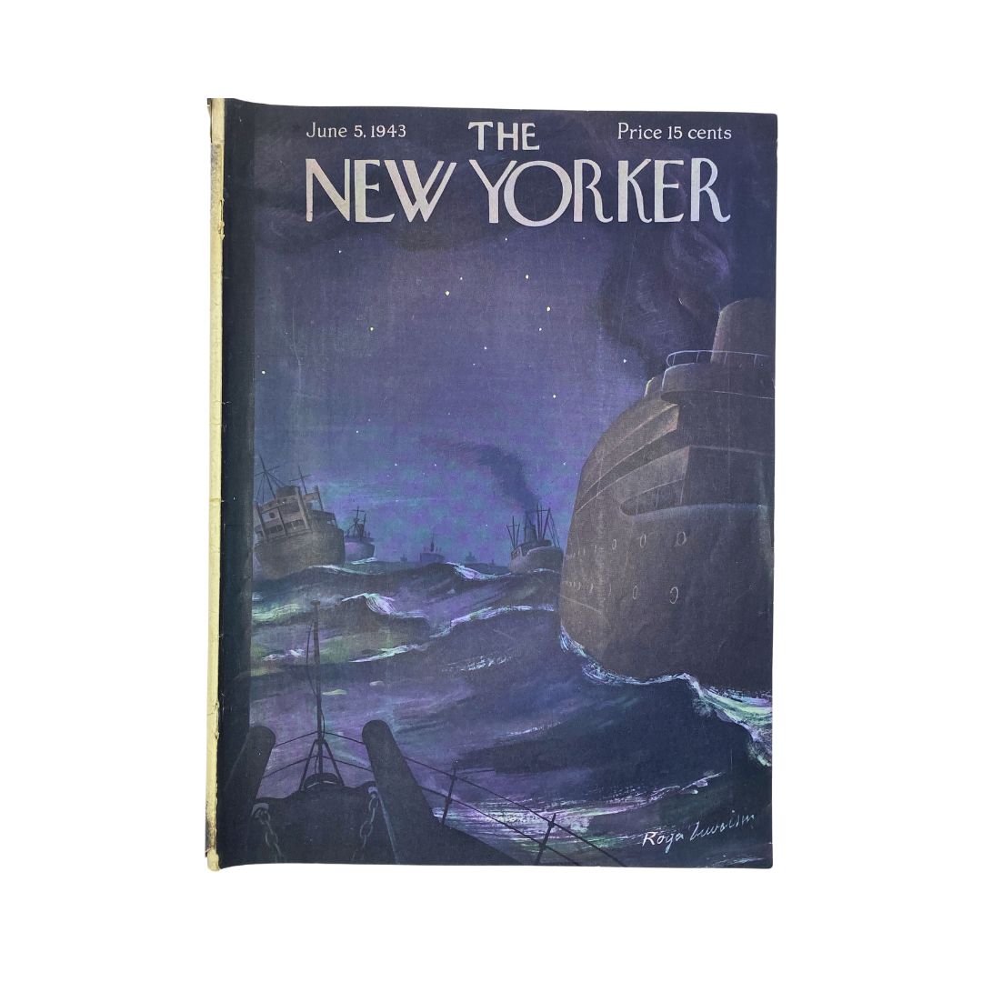 The New Yorker Complete Magazine June 5, 1943 Cover featuring a night scene with a large ship and smaller boats, illustrated by Roger Duvoisin.