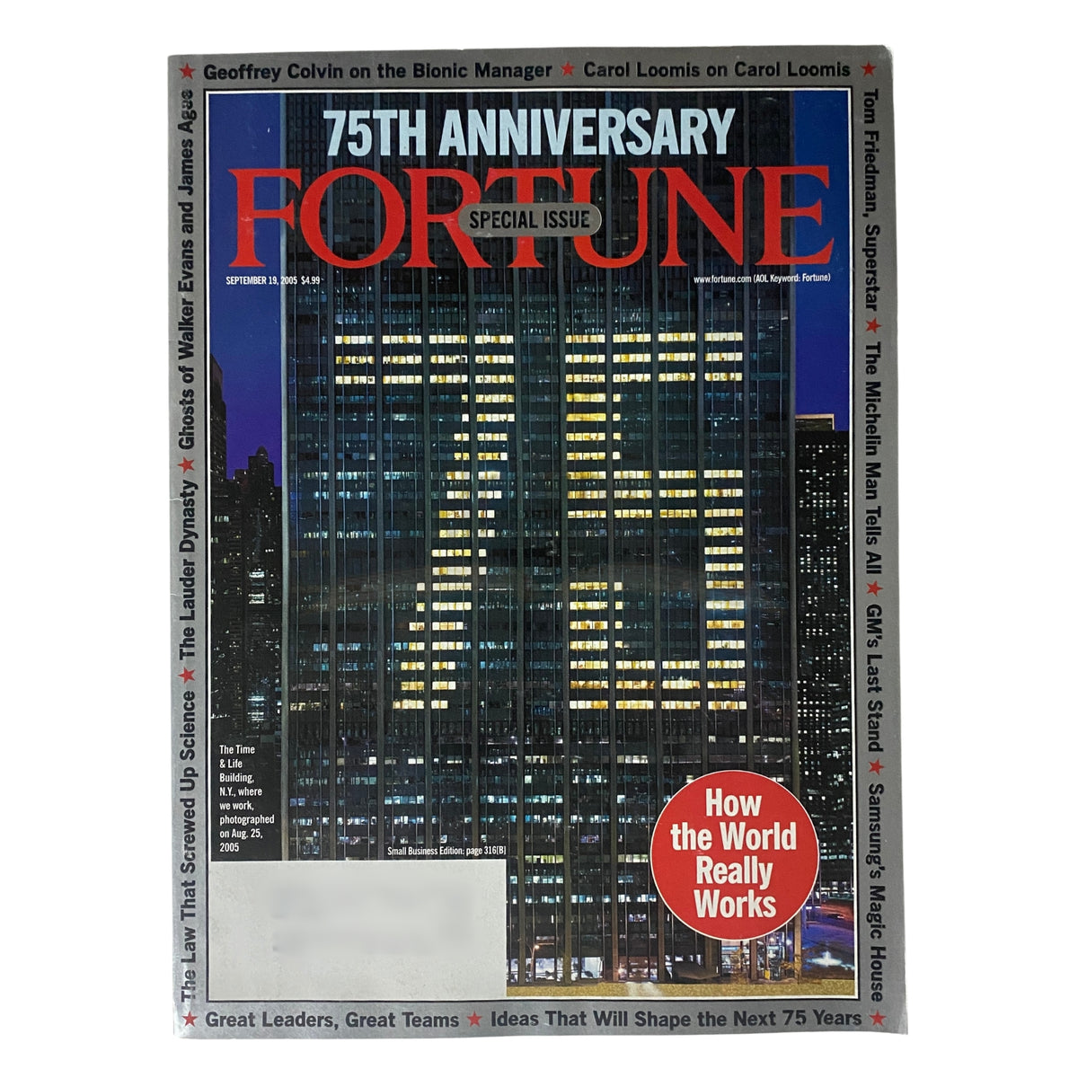 Cover of Fortune Magazine September 19, 2005 75th Anniversary Special Issue, featuring the title 'How the World Really Works' with a stylish skyline background.