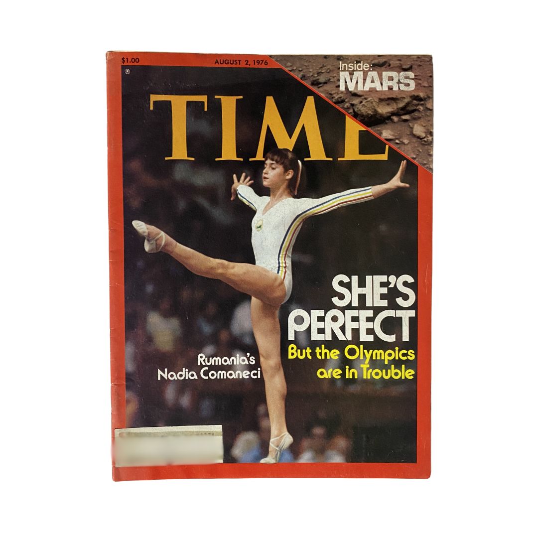 VTG Time Magazine August 2, 1976 featuring Rumania's Nadia Comaneci, showcasing her iconic gymnastic pose with the headline 'She's Perfect' and a cover story about the Olympics.