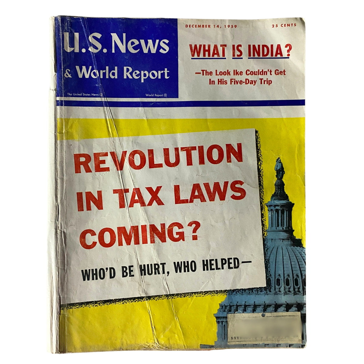 Cover of U.S. News & World Report Magazine December 14, 1959 featuring the headline 'Revolution in Tax Laws Coming?' along with an image of the U.S. Capitol.