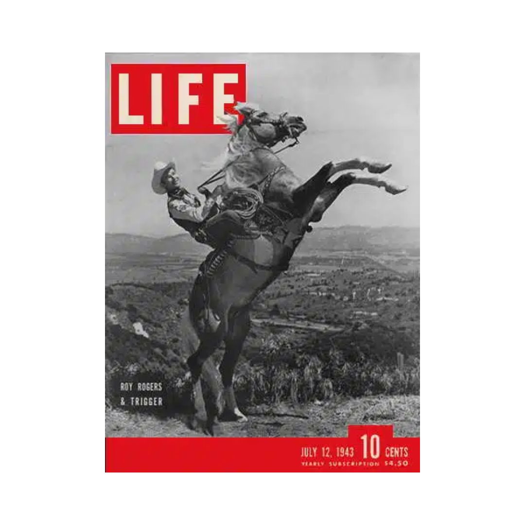 Cover image of VTG Life Magazine from July 12, 1943 featuring Roy Rogers and his horse Trigger, showcasing historical Western culture during WWII.